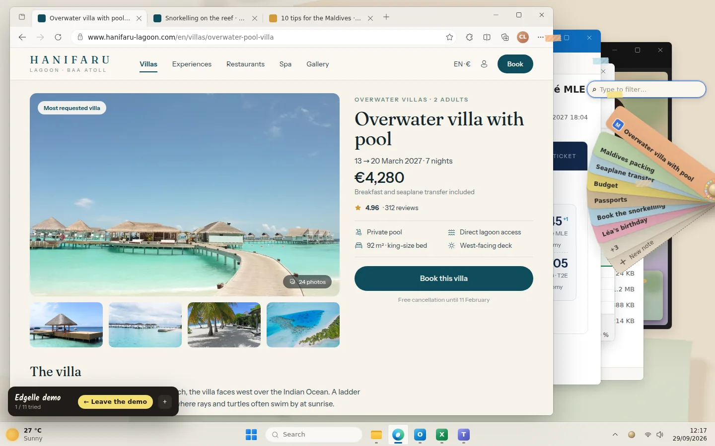 The Edgelle demo: a Windows desktop with Edge, Outlook and Excel, and the fan of notes open on the edge of the screen