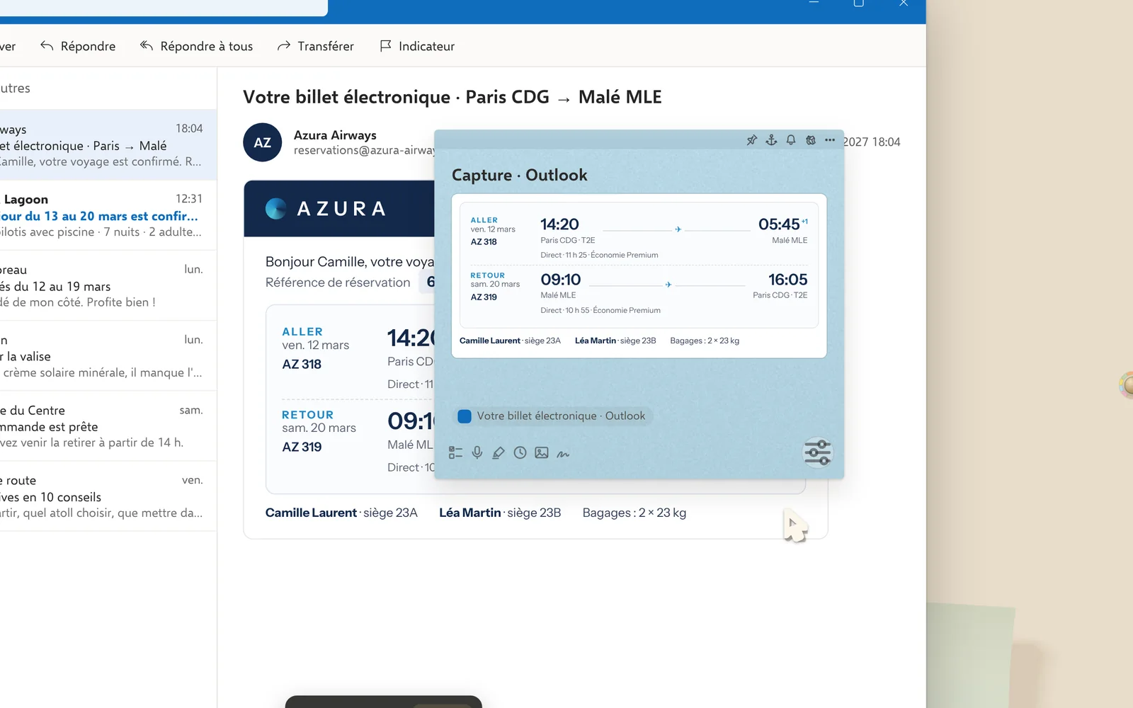 La capture d’un billet d’avion dans Outlook devenue une note