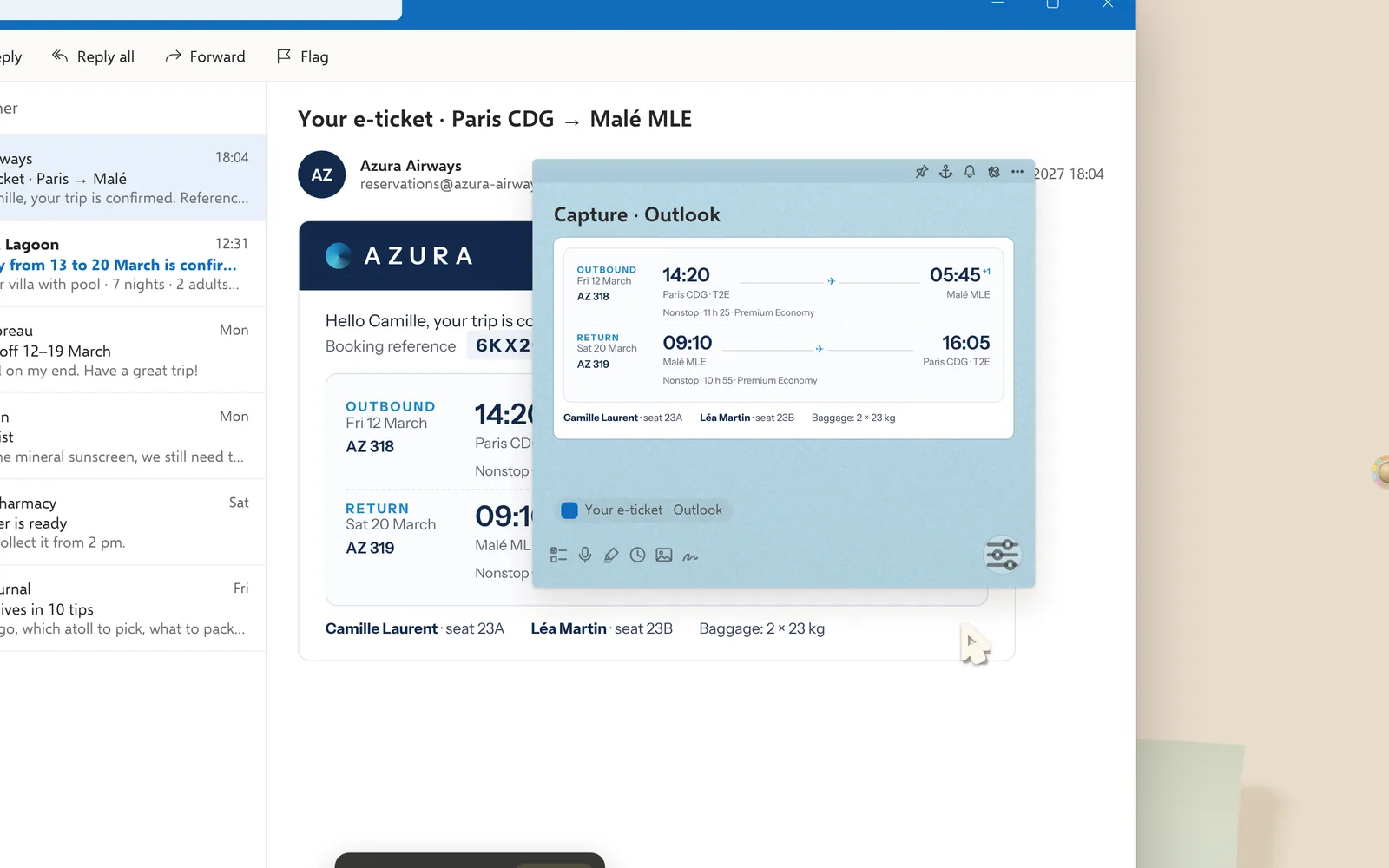 A capture of a plane ticket in Outlook turned into a note