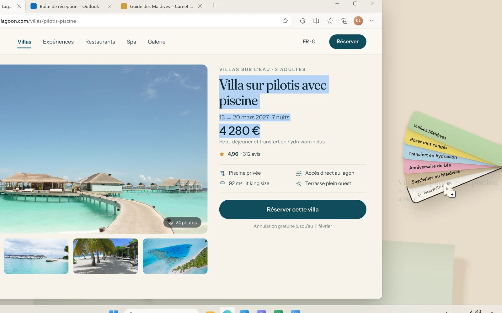 Un texte sélectionné sur une page web est déposé sur le rivet