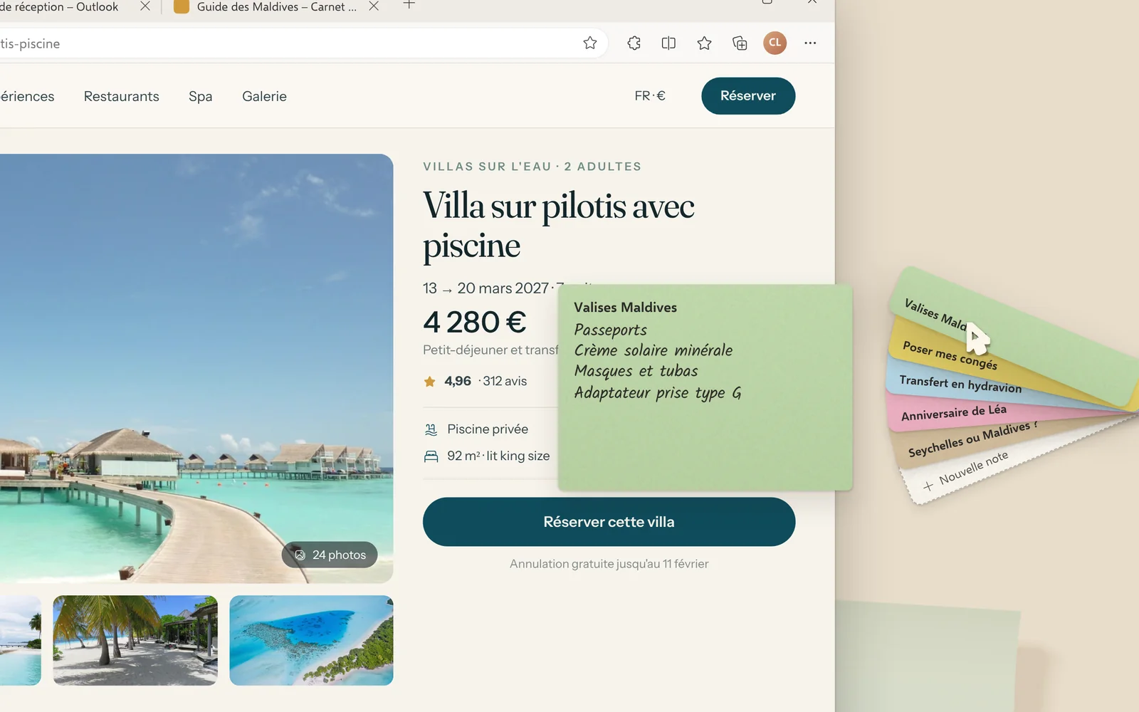 Le nuancier d’Edgelle ouvert au bord de l’écran, à côté d’une page de réservation de villa