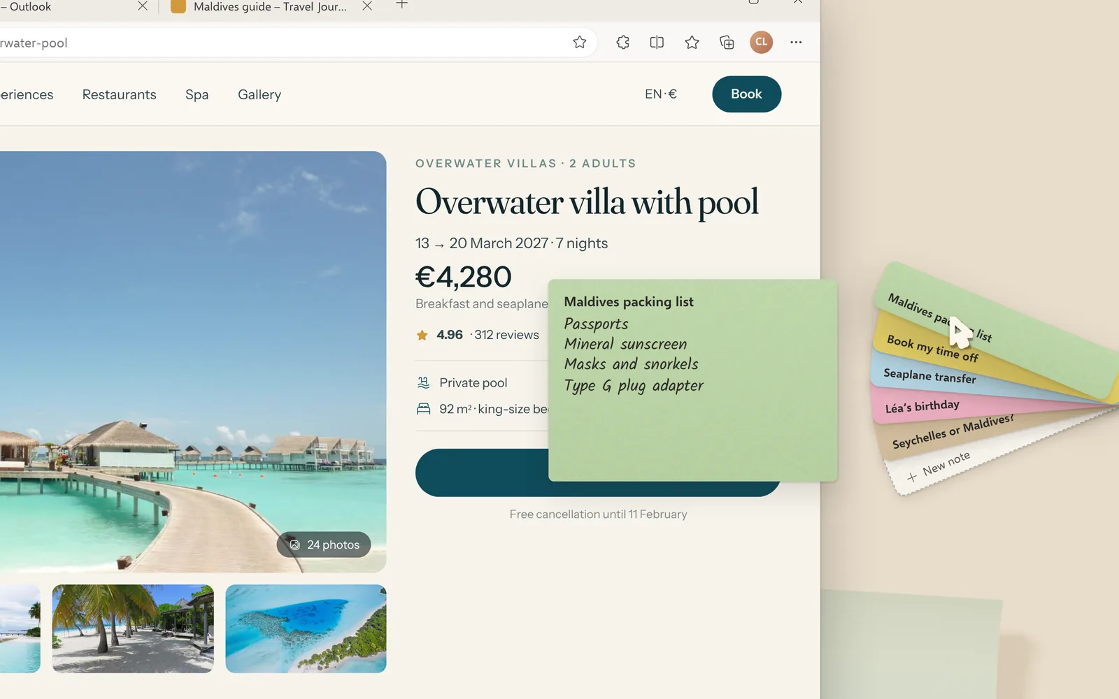 Edgelle’s fan of notes open on the edge of the screen, next to a villa booking page