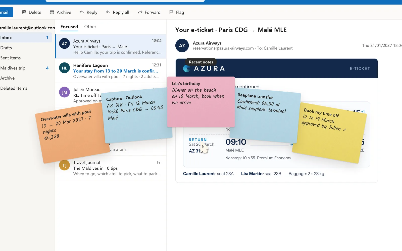 The trip’s notes fanned out around the pointer, over Outlook